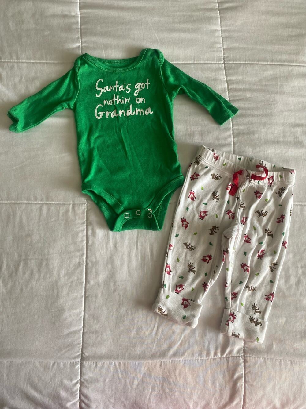 "Santa's Got Nothin' on Grandma" Baby Christmas Outfit- 3m and 6m
